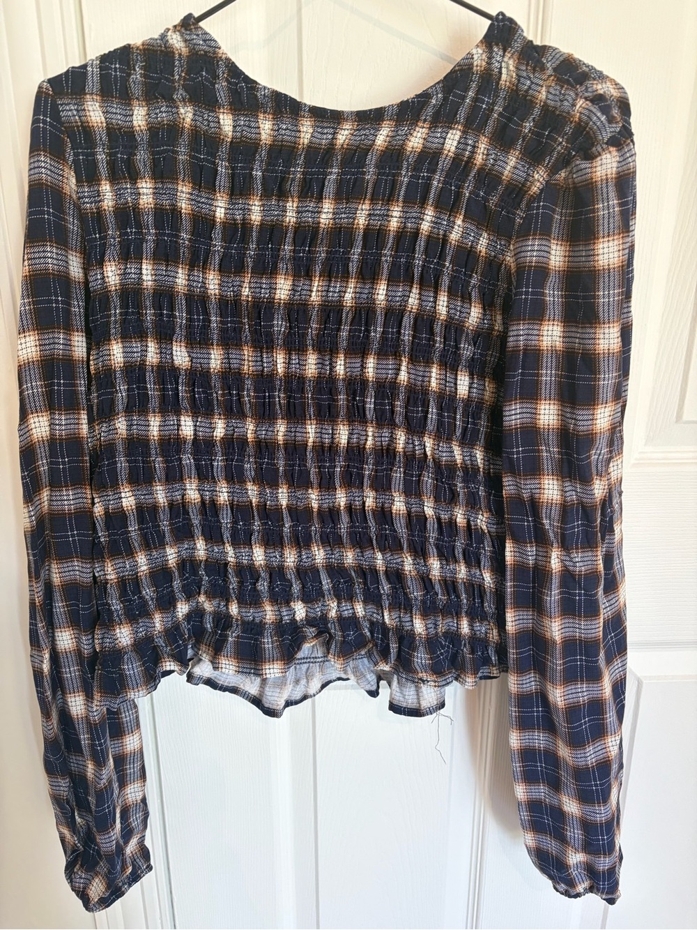 Ardene Navy Plaid Smocked Long Sleeve Top with Cream and Tan Stripes
